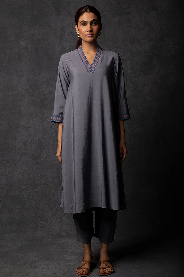 Petrol Blue Chanderi Patchwork Embroidered Kurta Set by Tulsi at Pernia's Pop Up Shop