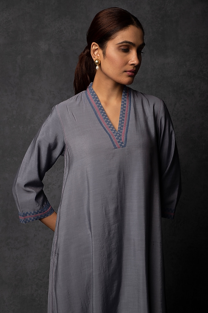 Petrol Blue Chanderi Patchwork Embroidered Kurta Set by Tulsi at Pernia's Pop Up Shop