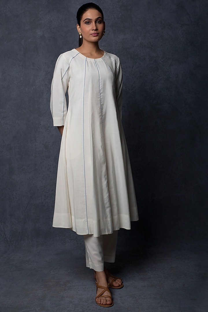 Ivory Chanderi Embellished Panelled Party Wear Anarkali Set by Tulsi at Pernia's Pop Up Shop