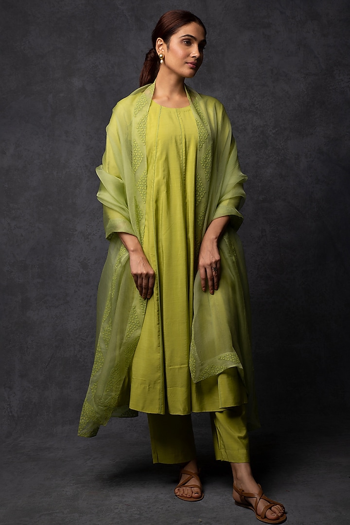 Leaf Green Chanderi Embellished Panelled Anarkali Set by Tulsi at Pernia's Pop Up Shop