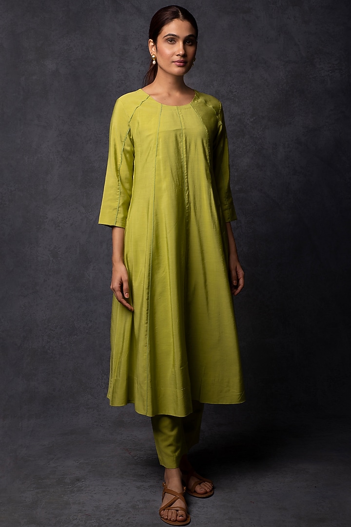 Leaf Green Chanderi Embellished Panelled Party Wear Anarkali Set by Tulsi at Pernia's Pop Up Shop