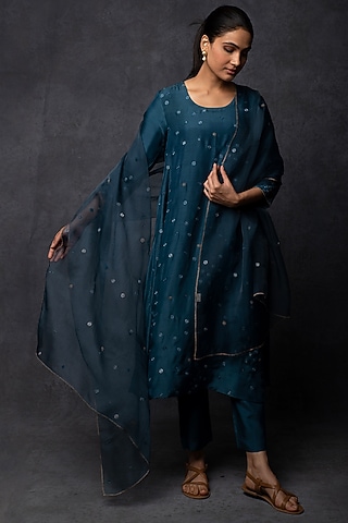 Dark Teal Muslin Thread Embroidered A-Line Kurta Set by Tulsi