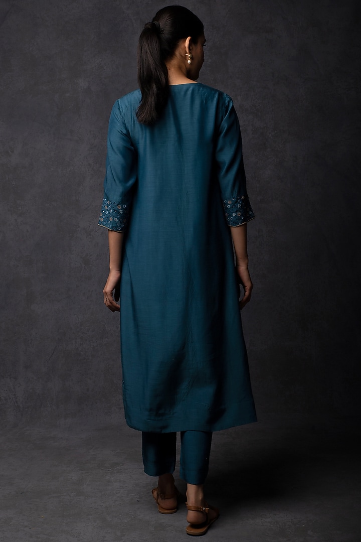 Dark Teal Muslin Thread Embroidered A-Line Kurta Set by Tulsi at Pernia's Pop Up Shop