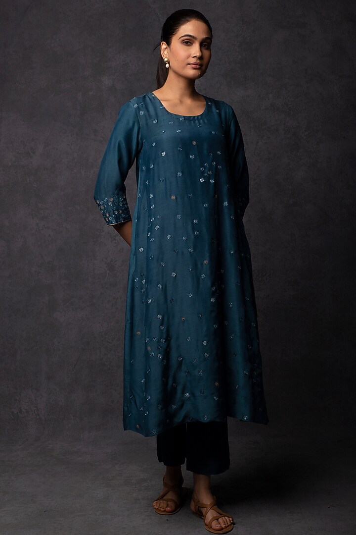 Dark Teal Muslin Thread Embroidered A-Line Kurta Set by Tulsi at Pernia's Pop Up Shop