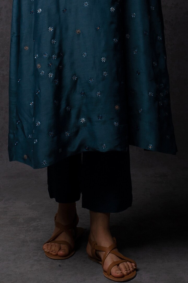 Dark Teal Muslin Thread Embroidered A-Line Kurta Set by Tulsi at Pernia's Pop Up Shop