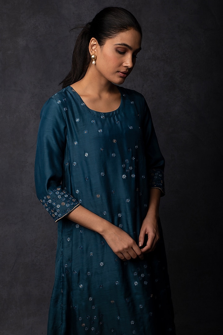 Dark Teal Muslin Thread Embroidered A-Line Kurta Set by Tulsi at Pernia's Pop Up Shop