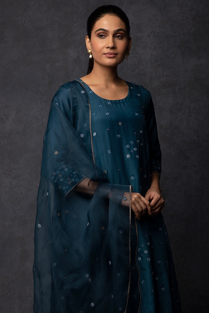 Dark Teal Muslin Thread Embroidered A-Line Kurta Set by Tulsi at Pernia's Pop Up Shop