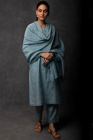 Sky Blue Chanderi Thread Embroidered Kurta Set by Tulsi