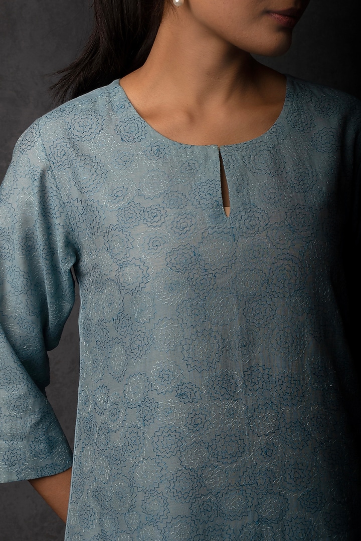 Sky Blue Chanderi Thread Embroidered Kurta Set by Tulsi at Pernia's Pop Up Shop