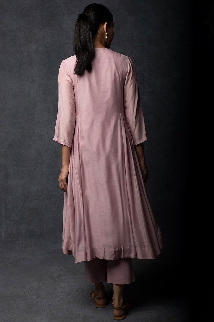 Light Pink Muslin Thread & Zari Embroidered Kalidar Kurta Set by Tulsi at Pernia's Pop Up Shop