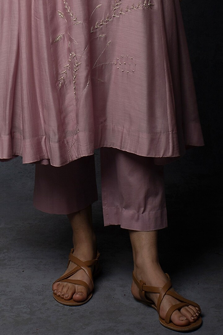 Light Pink Muslin Thread & Zari Embroidered Kalidar Kurta Set by Tulsi at Pernia's Pop Up Shop