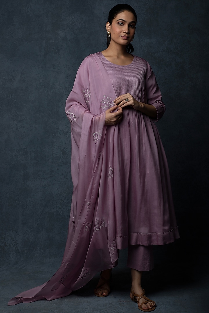 Lavender Silk Embellished A-Line Kurta Set by Tulsi at Pernia's Pop Up Shop