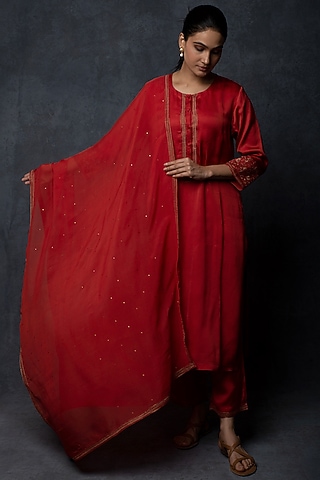 Rust Silk Thread Embroidered Straight-Fit Kurta Set by Tulsi