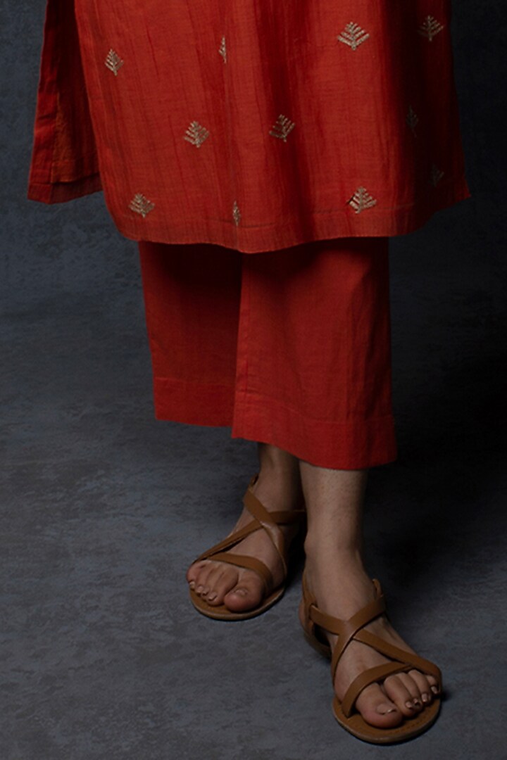 Burnt Orange Chanderi Thread Embroidered Straight-Fit Kurta Set by Tulsi at Pernia's Pop Up Shop