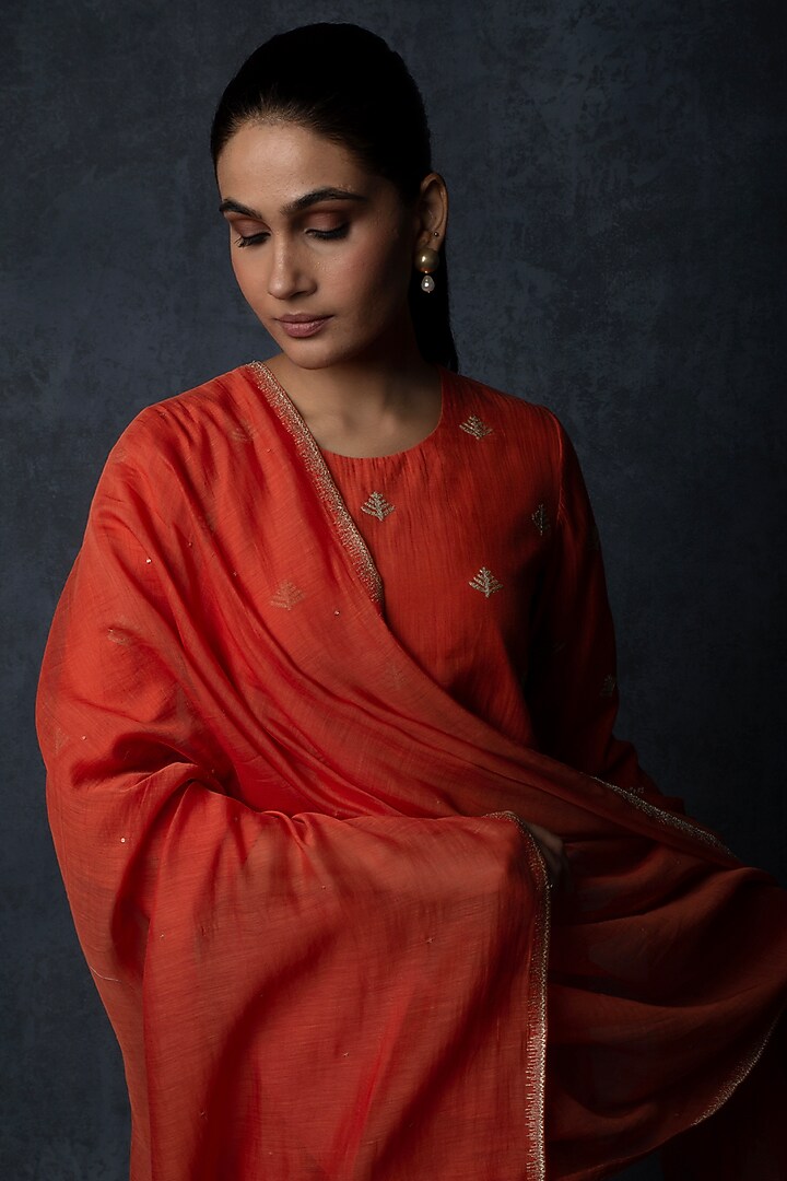 Burnt Orange Chanderi Thread Embroidered Straight-Fit Kurta Set by Tulsi at Pernia's Pop Up Shop