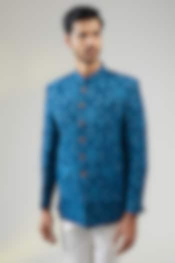Blue Viscose Machine Embroidered Bandhgala Jacket by TushPosh
