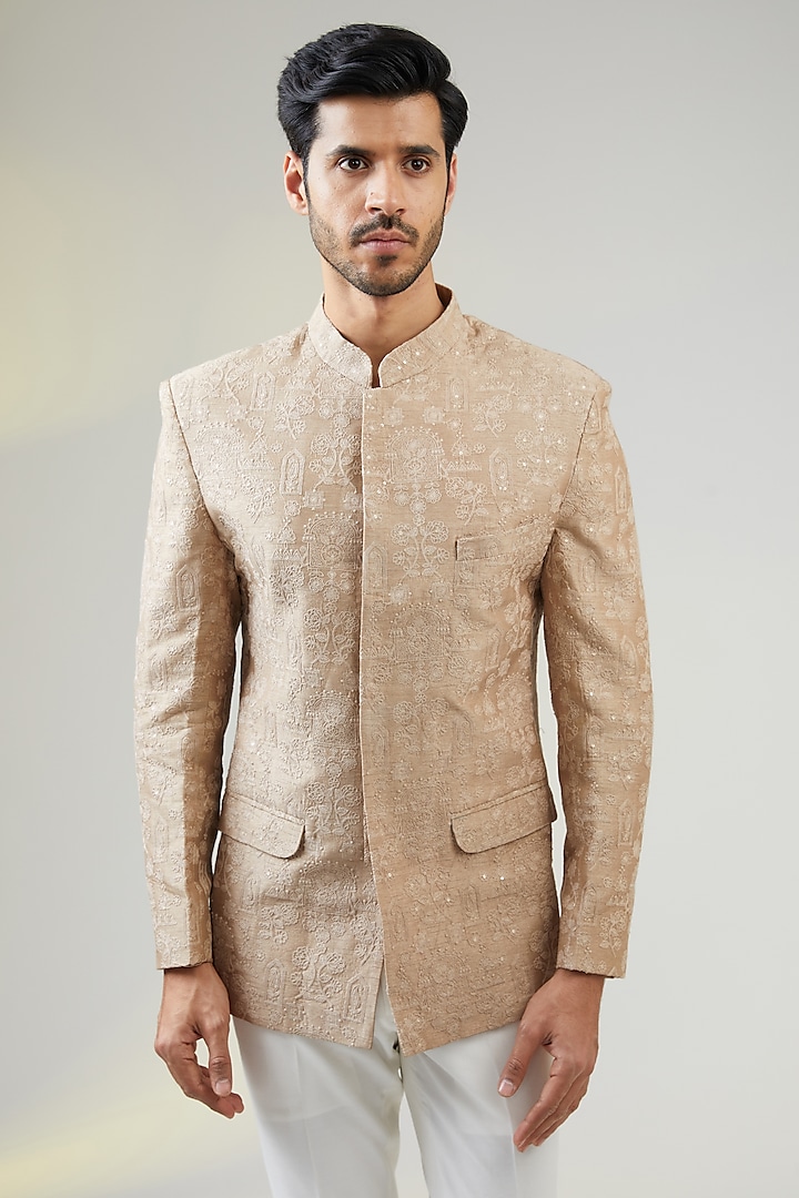 Beige Viscose Paisley Embroidered Bandhgala Jacket by TushPosh