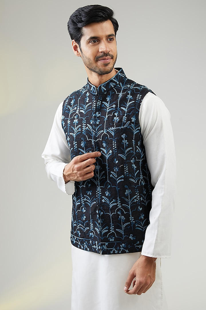 Black Viscose Aari Embroidered Bundi Jacket by TushPosh