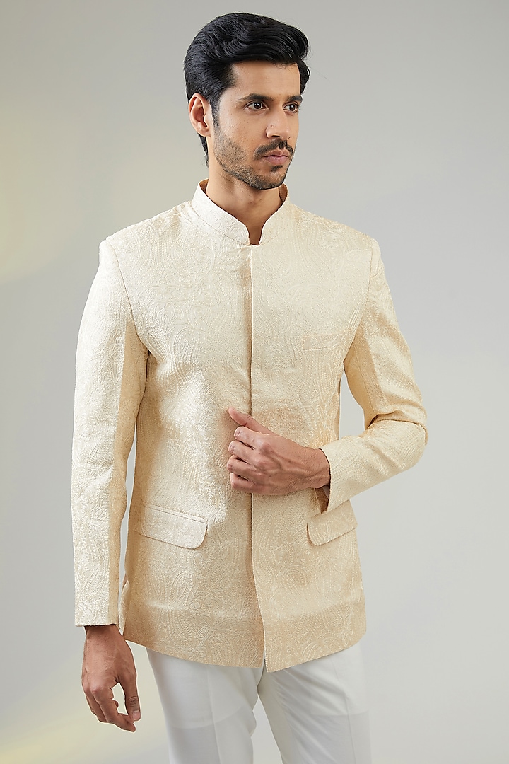 Ivory Polyester Paisley Embroidered Bandhgala Jacket by TushPosh