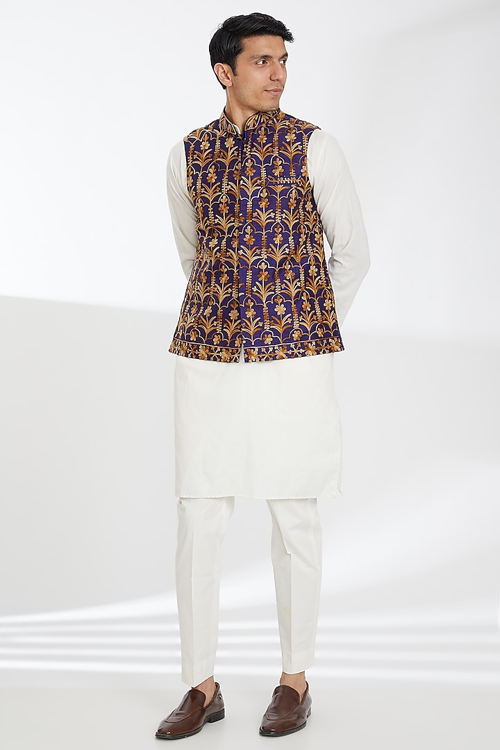 Blue Viscose Aari Embroidered Bundi Jacket by TushPosh