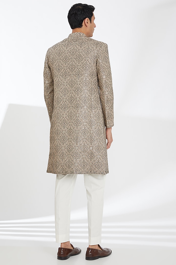 Beige Poly Wool Zari Embroidered Wedding Sherwani Set by TushPosh at Pernia's Pop Up Shop