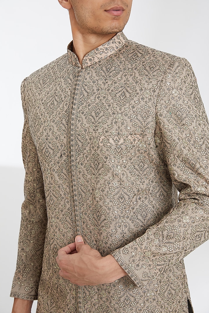 Beige Poly Wool Zari Embroidered Wedding Sherwani Set by TushPosh at Pernia's Pop Up Shop