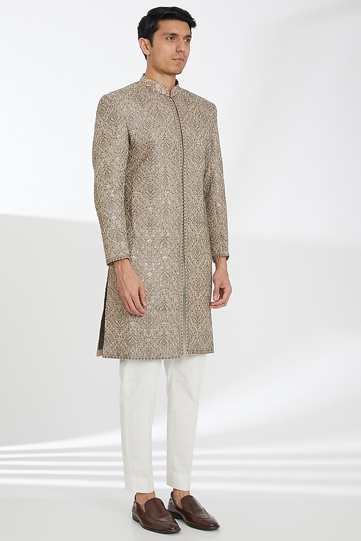 Beige Poly Wool Zari Embroidered Wedding Sherwani Set by TushPosh at Pernia's Pop Up Shop