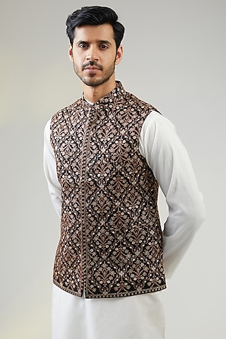 Black Poly Wool Thread Embroidered Bundi Jacket by TushPosh