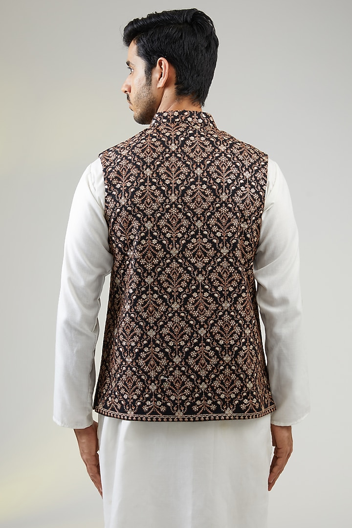 Black Poly Wool Thread Embroidered Bundi Jacket by TushPosh at Pernia's Pop Up Shop