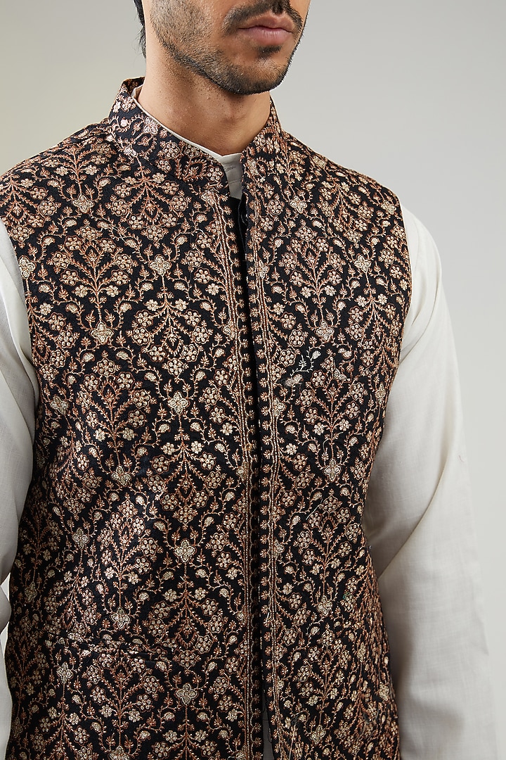 Black Poly Wool Thread Embroidered Bundi Jacket by TushPosh at Pernia's Pop Up Shop