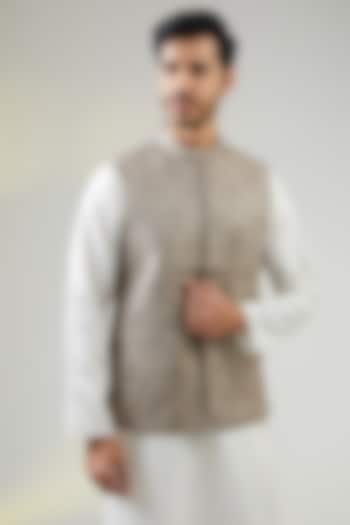 Beige Poly Wool Thread Embroidered Bundi Jacket by TushPosh at Pernia's Pop Up Shop