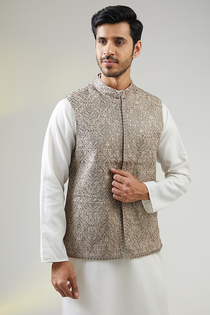 Beige Poly Wool Thread Embroidered Bundi Jacket by TushPosh at Pernia's Pop Up Shop