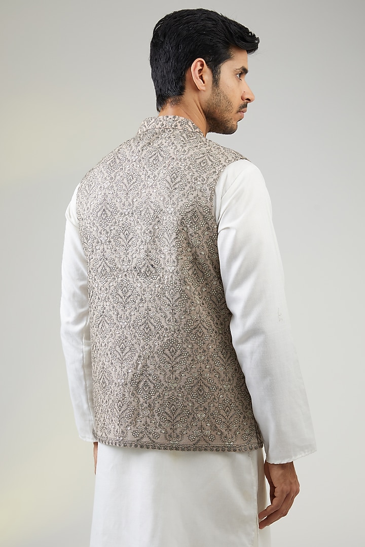 Beige Poly Wool Thread Embroidered Bundi Jacket by TushPosh at Pernia's Pop Up Shop