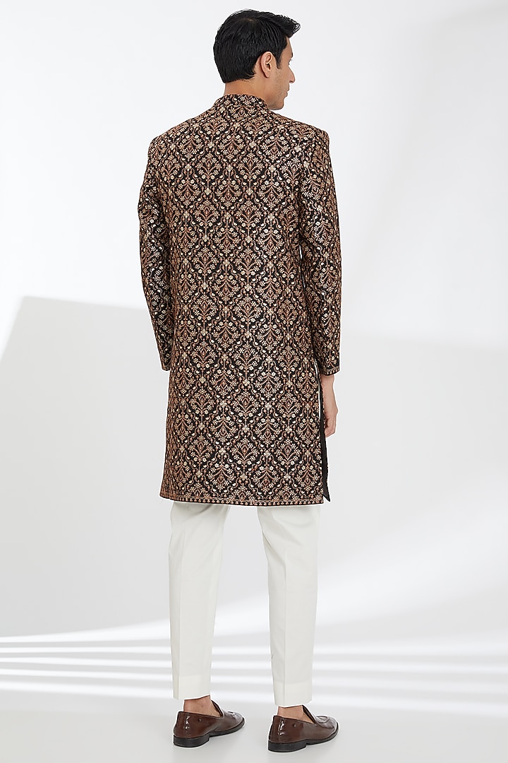 Black Poly Wool Zari Embroidered Wedding Sherwani Set by TushPosh at Pernia's Pop Up Shop