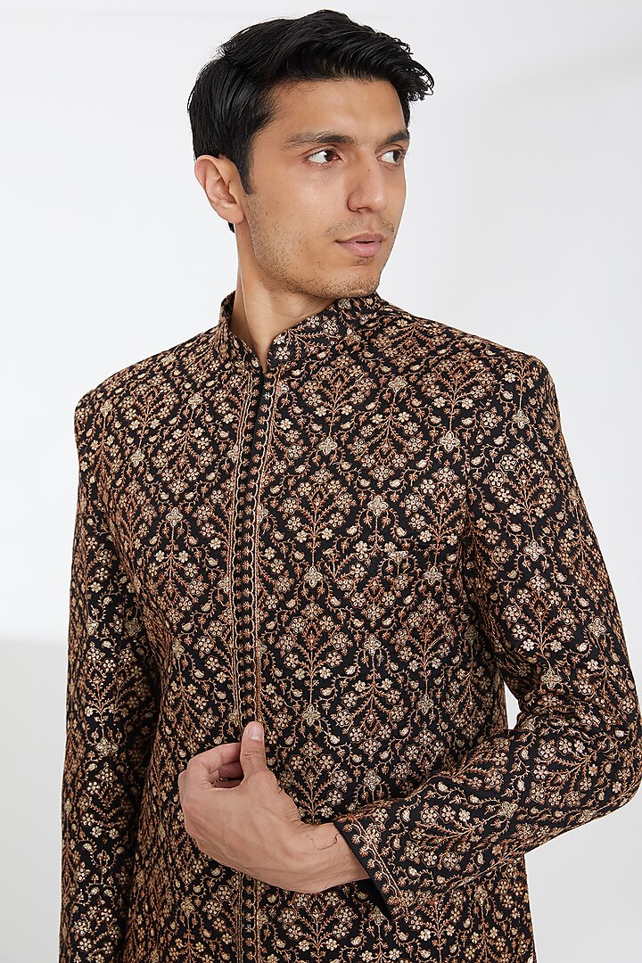 Black Poly Wool Zari Embroidered Wedding Sherwani Set by TushPosh at Pernia's Pop Up Shop