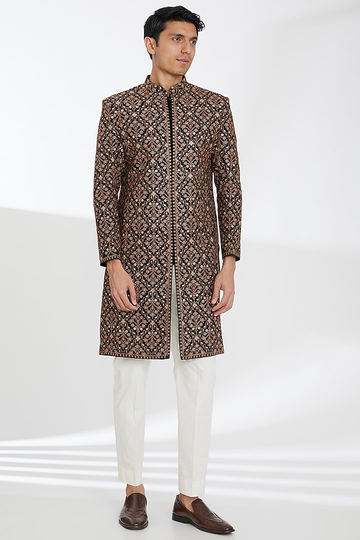 Black Poly Wool Zari Embroidered Wedding Sherwani Set by TushPosh at Pernia's Pop Up Shop