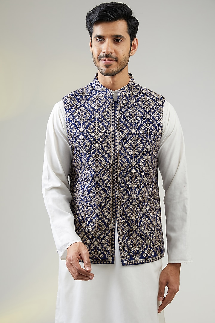 Navy Blue Poly Wool Thread Embroidered Bundi Jacket by TushPosh