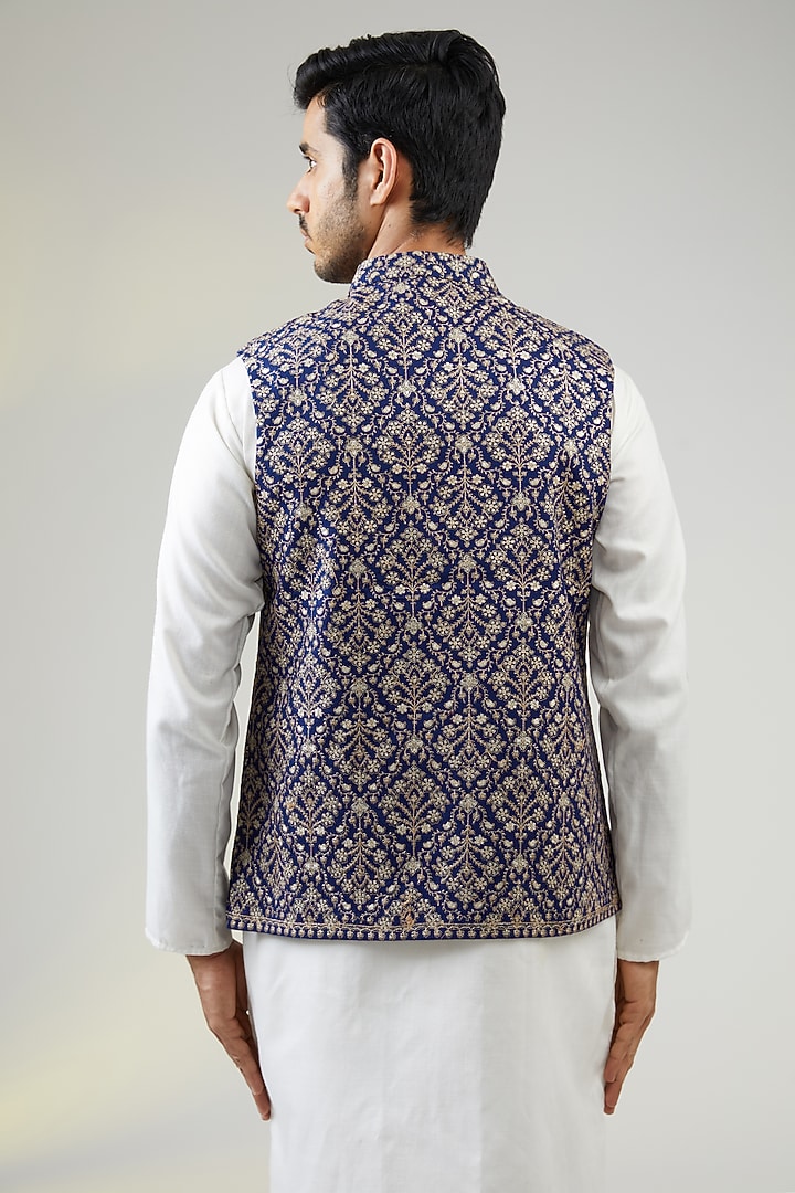 Navy Blue Poly Wool Thread Embroidered Bundi Jacket by TushPosh at Pernia's Pop Up Shop