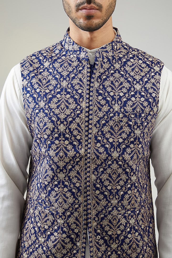 Navy Blue Poly Wool Thread Embroidered Bundi Jacket by TushPosh at Pernia's Pop Up Shop
