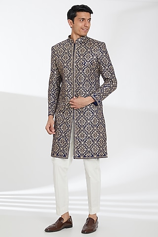 Navy Blue Poly Wool Zari Embroidered Sherwani Set by TushPosh