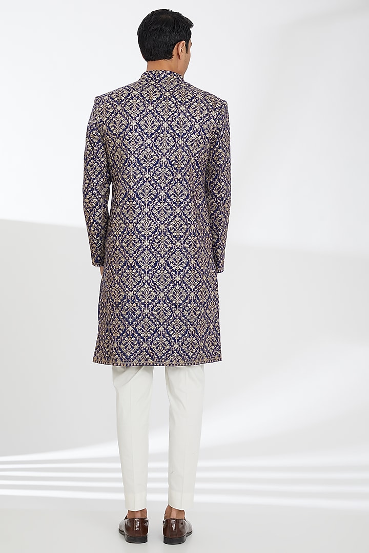 Navy Blue Poly Wool Zari Embroidered Wedding Sherwani Set by TushPosh at Pernia's Pop Up Shop
