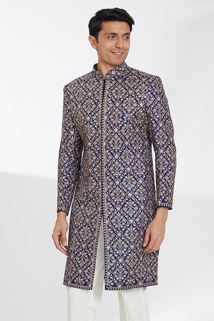 Navy Blue Poly Wool Zari Embroidered Wedding Sherwani Set by TushPosh at Pernia's Pop Up Shop