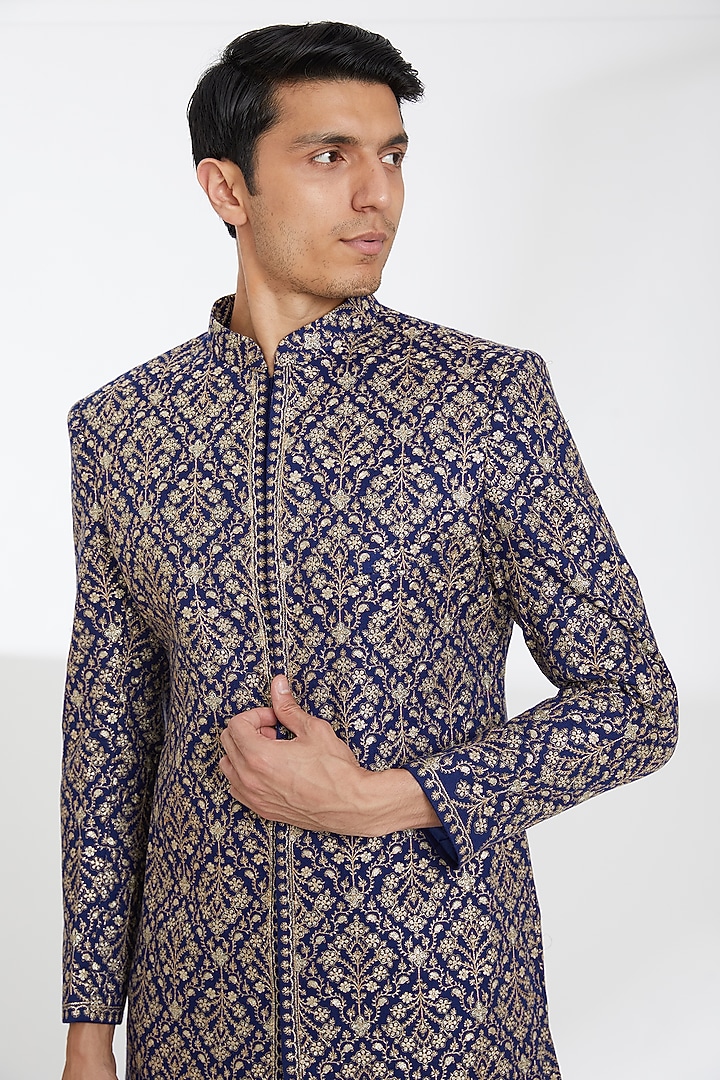 Navy Blue Poly Wool Zari Embroidered Wedding Sherwani Set by TushPosh at Pernia's Pop Up Shop