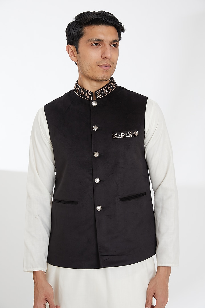 Black Velvet Embroidered Bundi Jacket by TushPosh