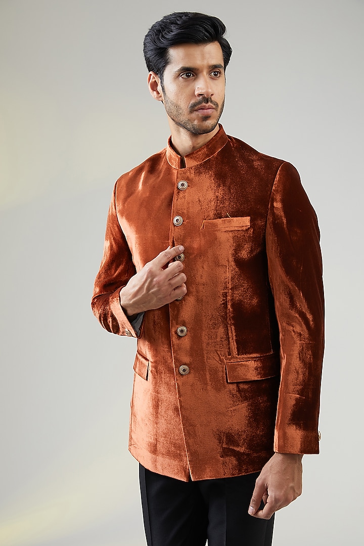 Rust Velvet Bandhgala Jacket by TushPosh