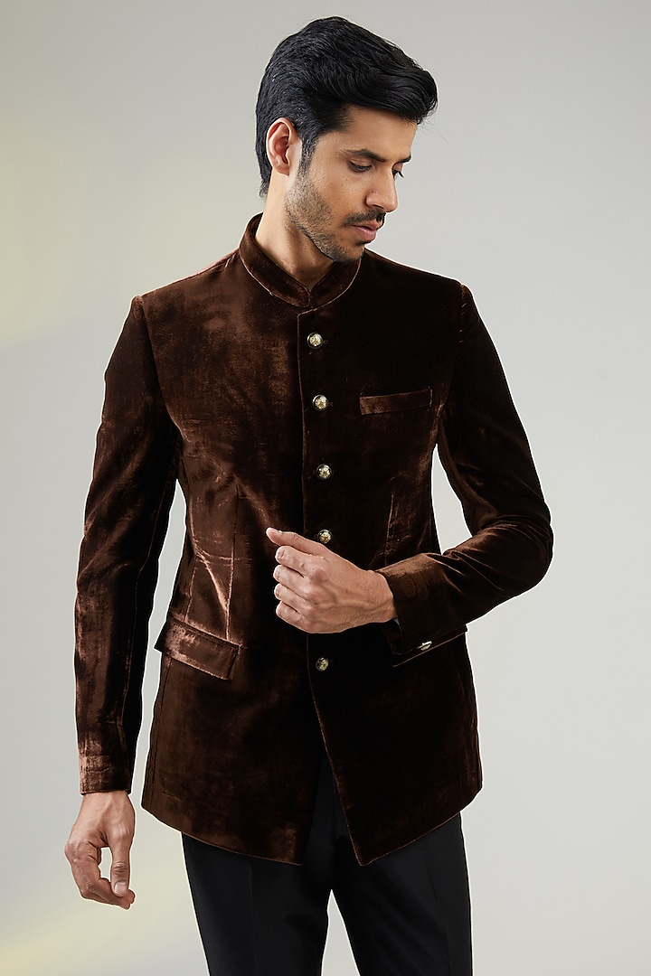 Brown Velvet Bandhgala Jacket by TushPosh