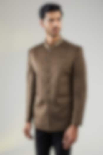 Light Brown Suede Velvet Machine Embroidered Bandhgala Jacket by TushPosh
