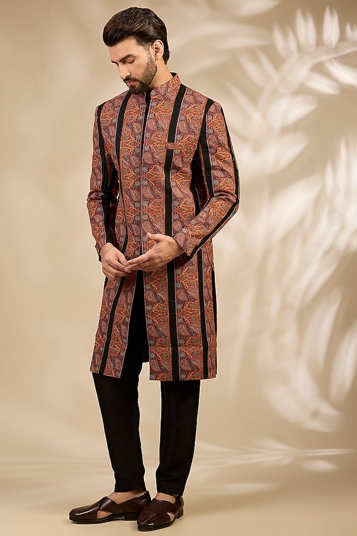 Black Viscose Thread Embroidered Wedding Sherwani Set by TushPosh at Pernia's Pop Up Shop