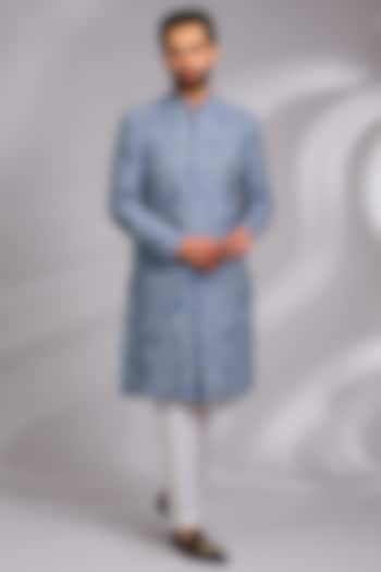 Grey Viscose Textured Embroidered Wedding Sherwani Set by TushPosh at Pernia's Pop Up Shop