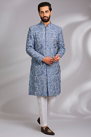 Grey Viscose Textured Embroidered Sherwani Set by TushPosh